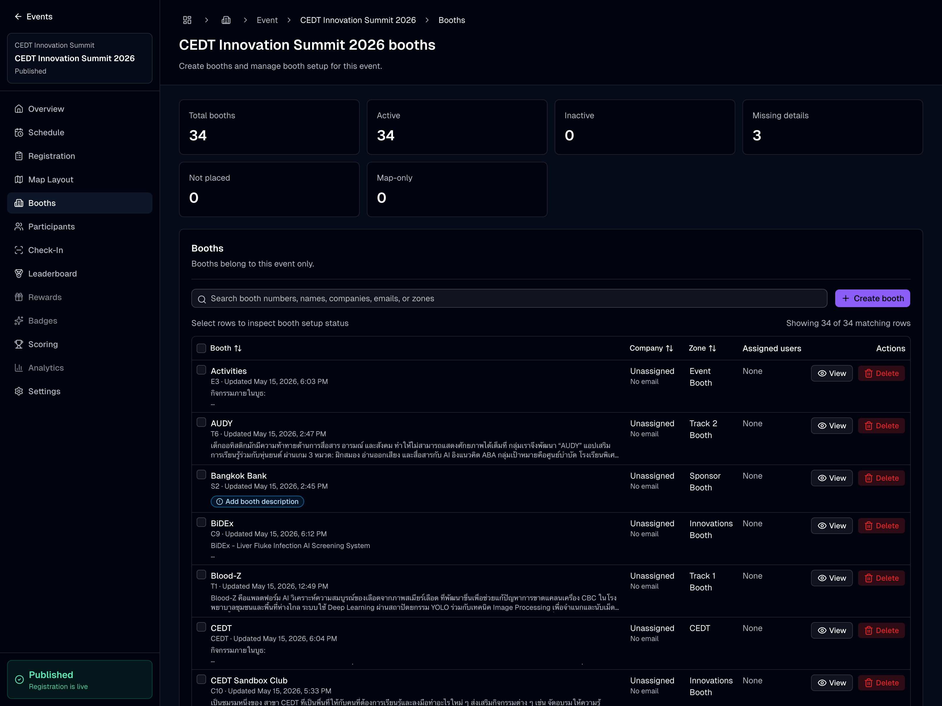 Elevarn event booths management interface